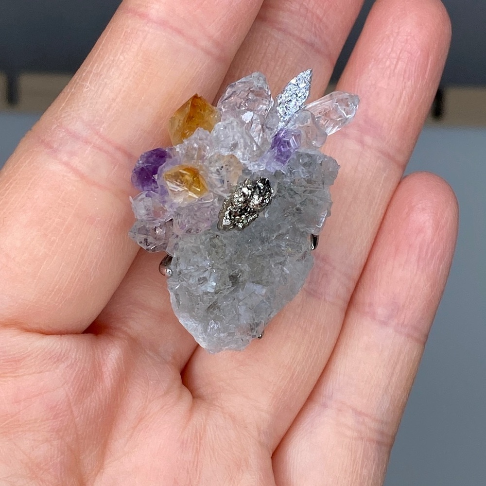 Natural Amethyst & Citrine Crystal Cluster Ring • Raw Pyrite Accent • Herkimer - Picture 6 of 11